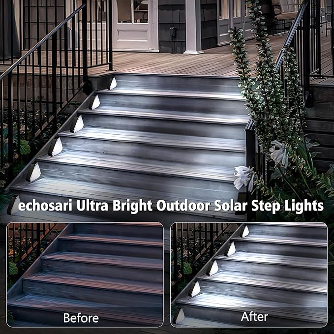 echosari 12 Pack Solar Step Lights for Outside, Ultra Bright Outdoor Stair Lights Auto ON/Off, 2835 SMD LEDs Outdoor Step Lights IP68 Fully Waterproof for Yard Garden Walkways Pathway (Cool White)