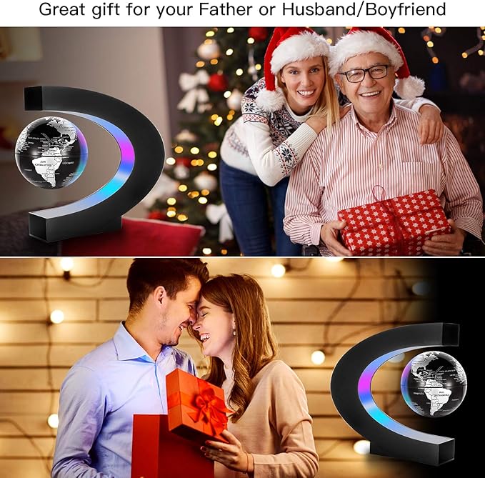 Gresus Magnetic Levitation Floating World Map Globe, C Shape Base with LED Lights, Great Fathers Students Teacher Business Boyfriend Birthday Gift for Desk Decoration （Black) (Globe doesn't light up)