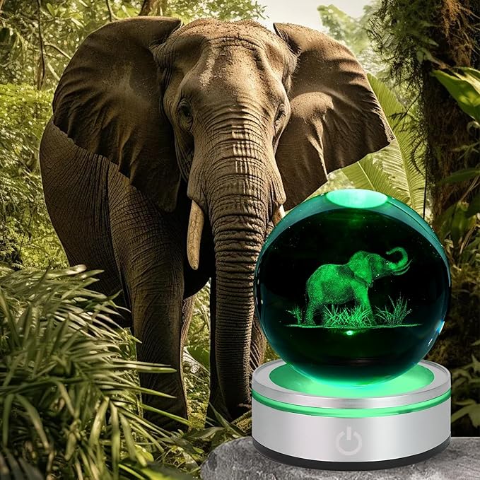 3D Crystal Ball Night Light - Elephant Gifts for Women, 3.15 In, Glass Lamp Home Decor for Birthday Christmas with LED Colorful Touch Base, Elephant Figurine Gifts for Her, Kids, Friends