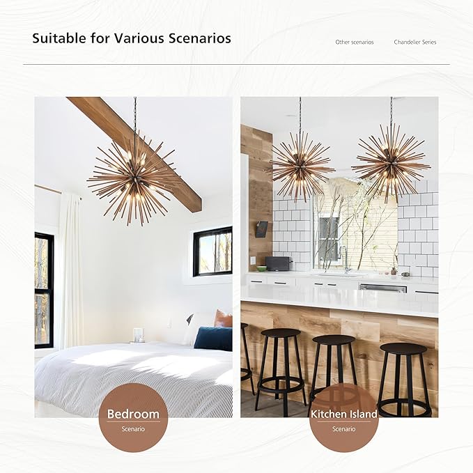 31.3" Farmhouse Sputnik Chandelier for Dining Room Rustic Handmade Natural Wood 16-Light Hanging Ceiling Pendant Light Fixture Starburst Wood Chandeliers for Kitchen Bedroom Foyer Hallway