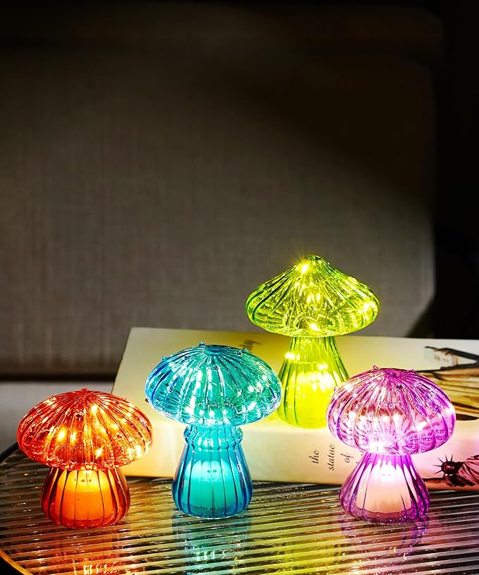 Nacome Glass Mushroom Table Lamp: Set of 4 Colored Small Cute LED Night Light Home Decor for Bedroom Desk - Birthday Gifts for Women