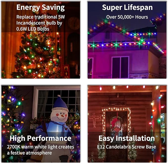 25FT C7 Multicolor Christmas Lights Outdoor, Waterproof LED String Lights with 25 Bulbs for Roof, Fence Patio Xmas Tree Holiday Decor