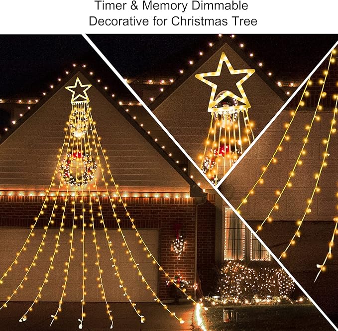 ZTX Christmas Decorations Outdoor Star Lights,320 LED 11Ft Christmas Tree Toppers Lihgts with Remote,11 Lighting Modes Waterfall Star String Light for Wedding,Halloween Party (Color Change)