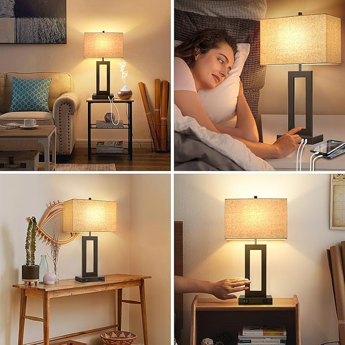 Set of 2 Touch Control Table Lamps with 2 USB Ports&AC Outlet, 3-Way Dimmable Modern Nightstand Lamp Sets, Brown Bedside Desk Lamps for Bedroom Living Room End Tables, Bulbs Included, Cream Shade