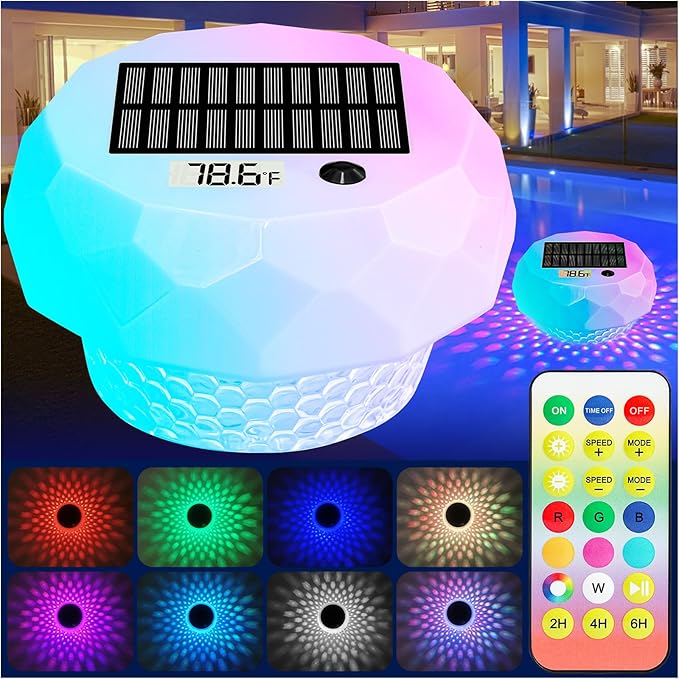 CCHKFEI Solar Floating Pool Lights with Thermometer, Swimming Pool Light with Remote, IP68 Waterproof, RGB 6 Dynamic Modes for Pools, Fountains, Party.