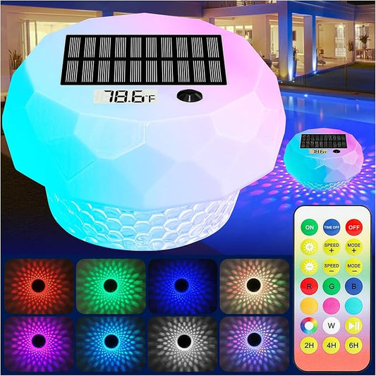 CCHKFEI Solar Floating Pool Lights with Thermometer, Swimming Pool Light with Remote, IP68 Waterproof, RGB 6 Dynamic Modes for Pools, Fountains, Party.