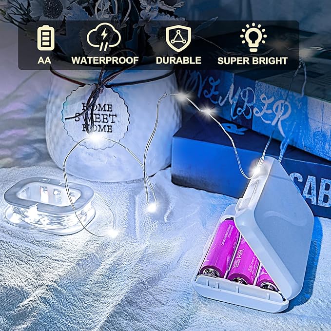 Aogist 16FT Fairy Lights with Spool,Ultra-Bright 50 LEDs Battery Operated Copper Wire String Light for Bedroom Christmas Wedding Centerpiece Parties Decoration,White