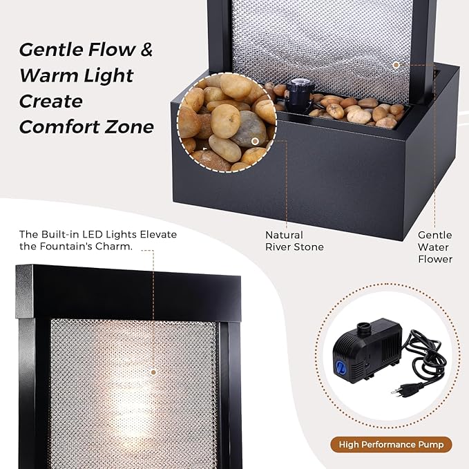 Mesh Panel Waterfall Fountain, Large Indoor Water Feature with Stones & Light, 64" Floor Standing Water Wall for Home Decor, Living Room, Patio, Outdoor Garden