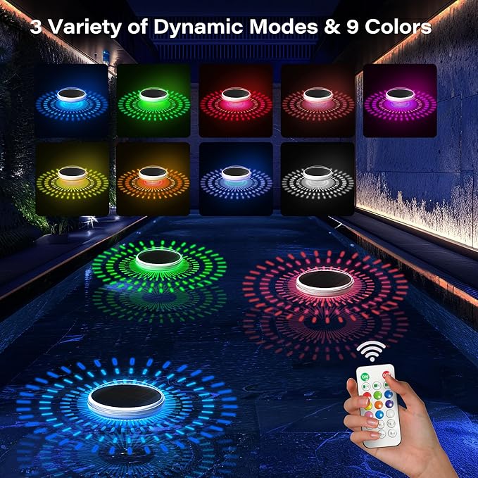 Solar Floating Pool Lights with Remote: 9 Color Modes Timer Function, IPX7 Waterproof Rechargeable LED Lights for Bathtub, Pool Parties Outdoor & Bathroom Decor, 2 Pack