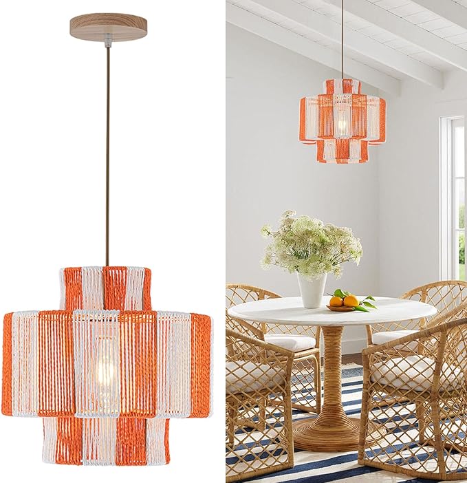 Rattan Pendant Light Fixture,Boho Light Chandelier for Dinning Room,13.3'‘ Woven Hanging Light Boho Pendant Lights 3-Tier Basket Light for Kitchen Island Hallway Nursery Bedroom