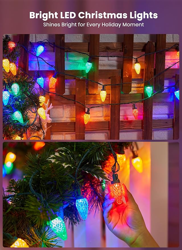 C9 LED Christmas Lights Outdoor, 81 Feet 100 LED String Lights with Timer & 8 Lighting Mode, Waterproof Commercial Grade Christmas Tree Lights for Outside Indoor Roofline Patio, Multicolor 2 Pack
