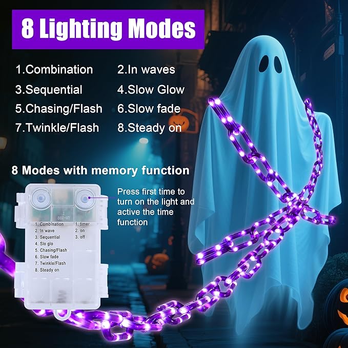 woohaha Halloween Decorations Plastic Chain Lights，10.5FT 175LED Purple Battery/USB Props Chains String Lights,8 Modes and Timer for Outdoor Halloween Party Creepy Cosplay Spooky Ornaments
