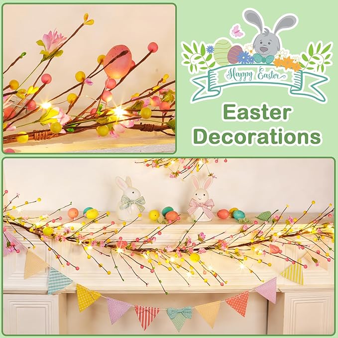 6 Ft Easter Garland with Lights Timer Easter Decorations, Artificial Easter Egg Garland Berried Pink Flower Spring Garland Battery Operated for Home Table Mantle Fireplace Holiday Decor Indoor Outdoor