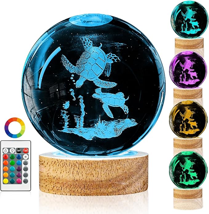 3D Sea Turtle Crystal Ball Night Light with 16 Color LED Wooden Base, Large 3.15 Inch Sea Turtle Glass Ball Lamps with Remote Cool Birthday Christmas Turtle Decor Gifts for Boys Girls Friends