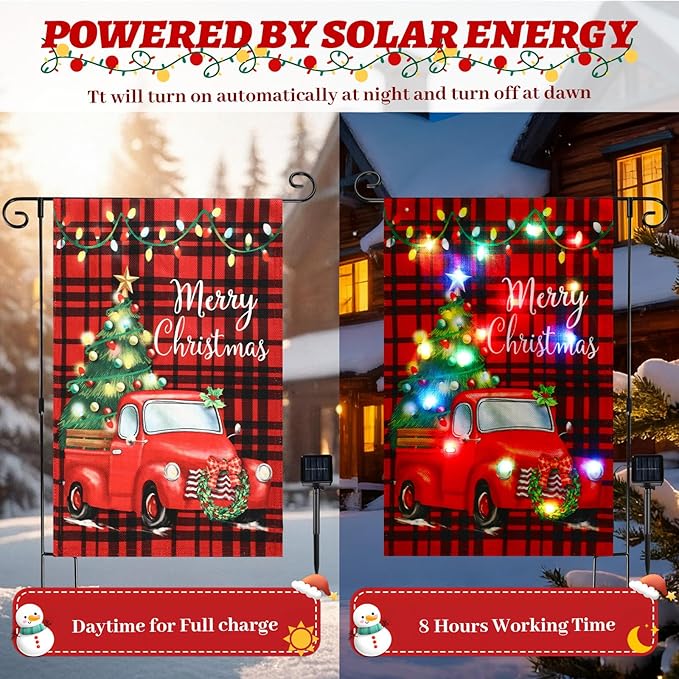 VIHOSE Merry Christmas Lighted Garden Flag 8 Modes Solar Red Truck Christmas Garden Flag LED Double Sided Xmas Tree Red and Black Checkered Yard Banner for Outdoor Lawn Decoration