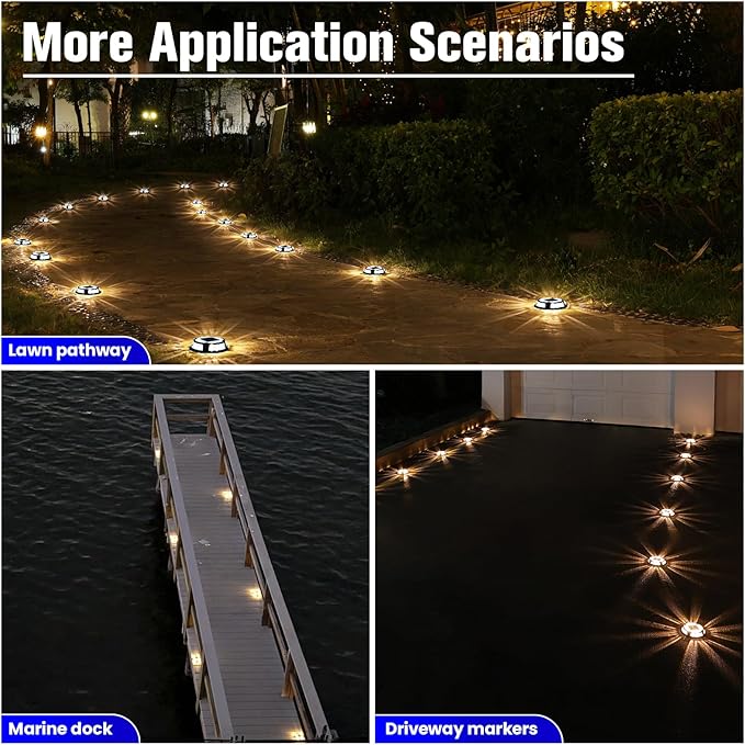 VOLISUN Solar Driveway Deck Lights Dock Marine Lights,16 Pack Solar Ground Light 2 Colors in 1 led Waterproof,Driveway Marker Light for Pathway Warning Step (White/Warm White),Auto On/Off