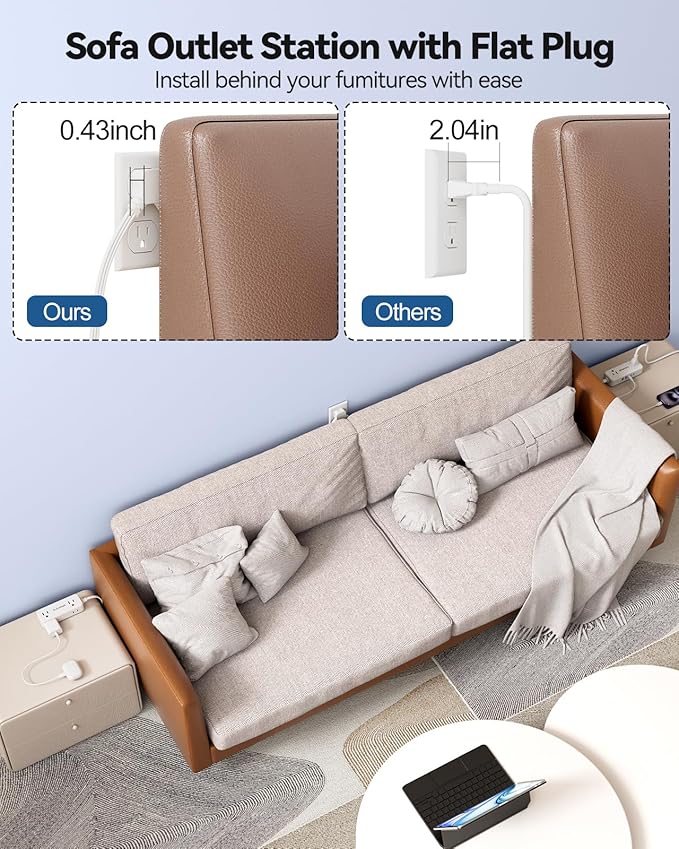 Split Extension Cord 20FT (10FT on Each Side), Single Flat Plug Twin Extension Cord with 4 AC Outlets, 2 USB-A & 3 USB-C(24W/4.8A), Nightstand Charging Station for Bedroom Dorm Room Home, His and Hers