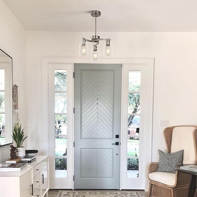 3 Light Brushed Nickel Dining Room Light Fixture,Modern Kitchen Chandeliers Over Table，Adjustable Height Industrial Hanging Pendant Lights for Kitchen Island with Glass Shade