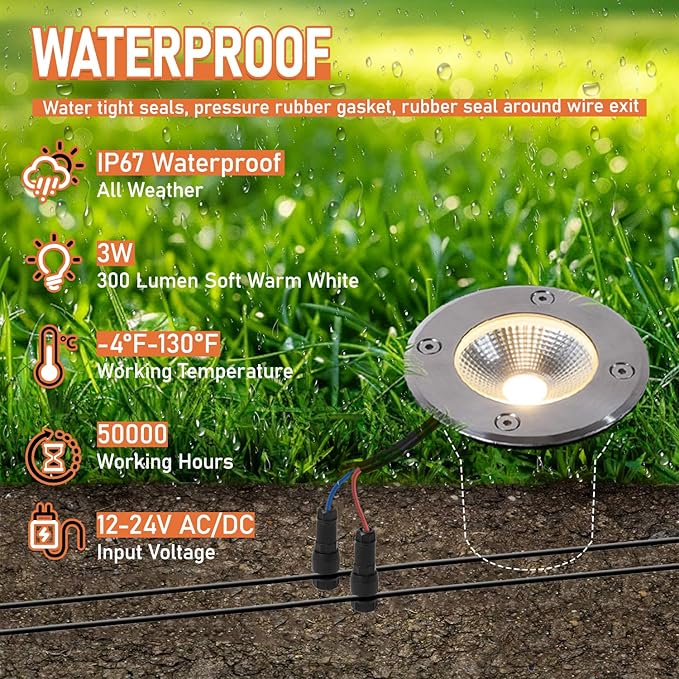 4 Pack Low Voltage Landscape Lights Well Lights 12-24V IP67 Waterproof In Ground Light and Outdoor Landscape Lighting for Garden Yard Driveway Deck Step Up Light with Connectors(Warm White)