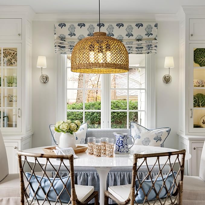 18.9in Rattan Light Hand Woven Wicker Large Pendant Lights Boho Lighting Farmhouse Chandelier Fixture for Living Room Restaurant Kitchen Island Dining Room Hallway Bedroom