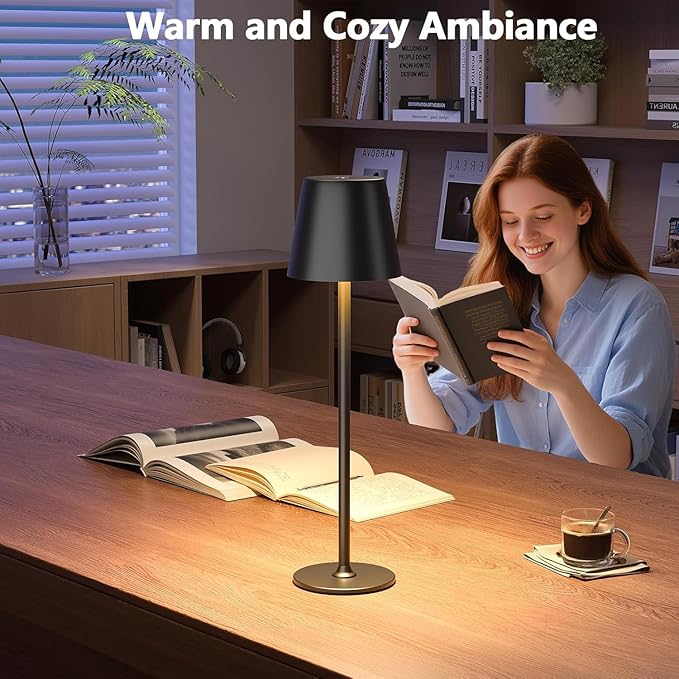 Cordless LED Table Lamp, Touch Dimmable Bedside Night Light, Rechargeable USB, Full Metal Body, Dual Battery, IP54 Waterproof – Black