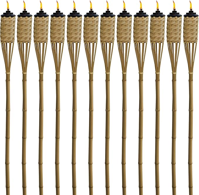 TIKI Bamboo Tiki Torches 12-Pack – Weather-Resistant Outdoor Décor with Easy-Pour Wide-Mouth Canister Refill for Patio, Garden, Backyard, and Parties, 57-Inch Citronella Torches