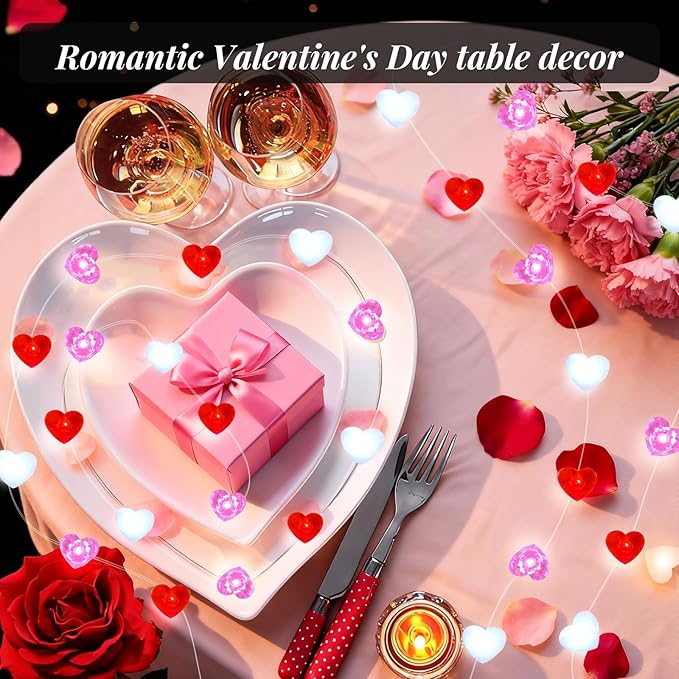 ZGWJ Valentines LED Fairy Lights, 2 Pack 50LED 16FT Red-White-Pink Heart String Lights Battery Operated,Waterproof Valentines Lights for Wedding Party,Mother's Day Indoor Outdoor Decoration