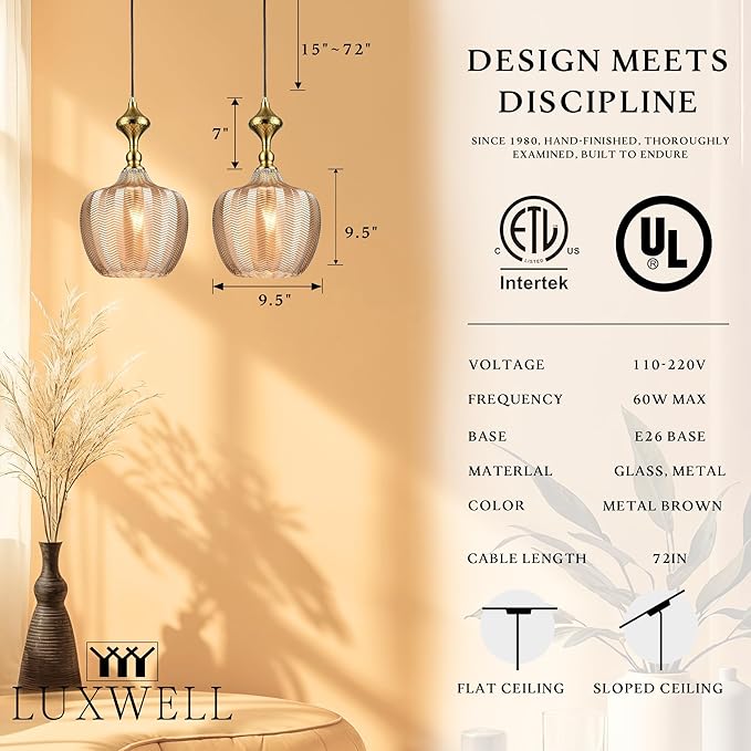 Modern Glass Pendant Light, 9.5"x16.5" Amber Sunset-Striped Light Fixture with Gold Cap, 15"-72" Adjustable Line, E26 Socket for Kitchen Island or Hallway – Sunset Gold Tulip