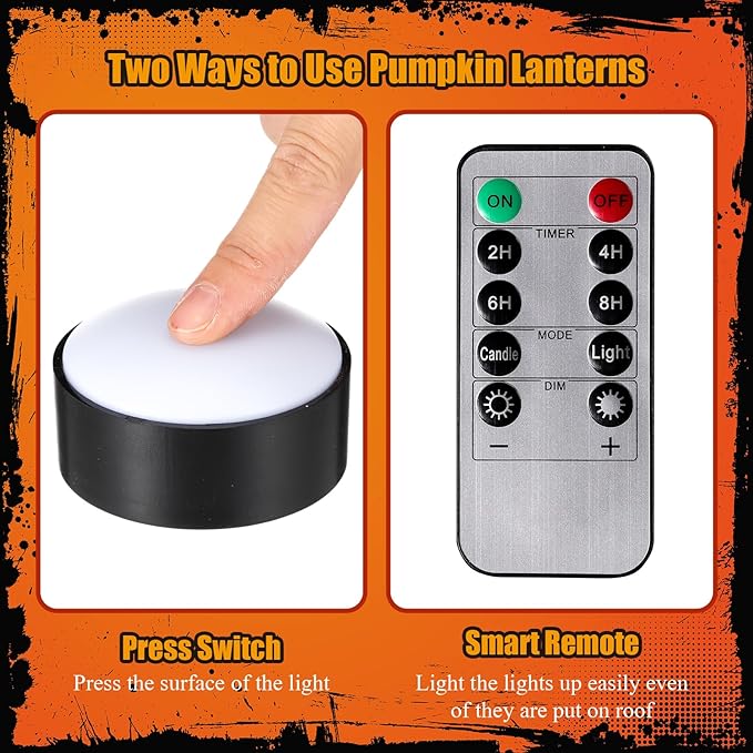 Riakrum 6 Pieces Remote Timer LED Lights with Remote LED Pumpkin Lights Battery Operated Lantern Bright Flameless Candle(Black,Warm Light)