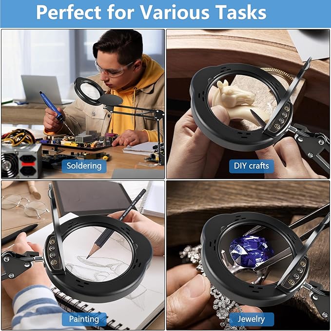 Helping Hands Soldering Station with Light and Stand, 4.3" 10X Soldering Magnifying Glass with 4 Flexible Helping Arms, 5 Color Mode, 10 Dimmable Levels for Electronics Repair, Jewelry, Hobby