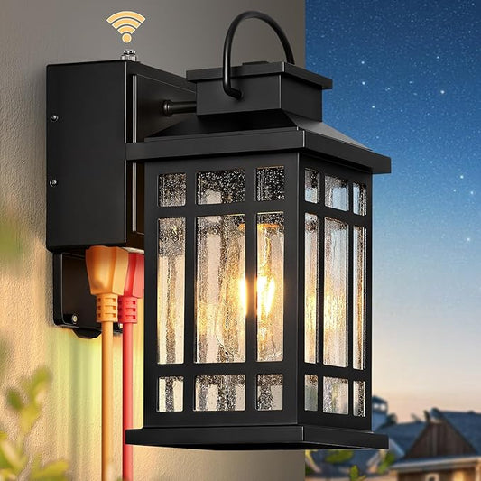Outdoor Wall Sconce with GFCI Outlet – Black Dusk-to-Dawn Bubble Glass Exterior Lantern