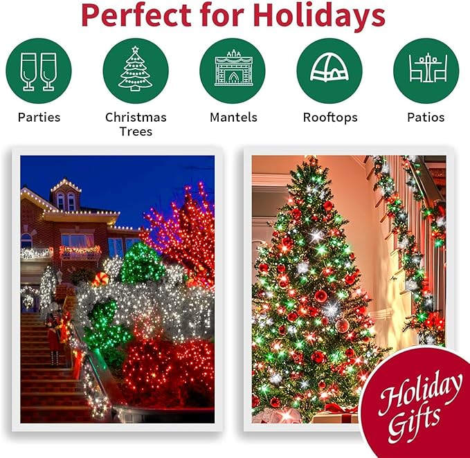 LAMPHOME 66ft Christmas Decorative Mini Lights, 200 LED Green Wire Fairy Starry String Lights Plug in, 16 Lighting Modes for Outdoor Xmas Tree Wedding Party Decoration (Red Green White)