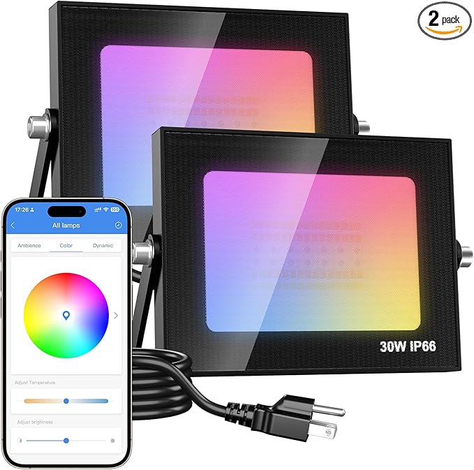 Smart Flood Light Outdoor, 30W App Controlled LED Flood Lights, RGB Color Changing & Dimmable, IP66 Waterproof Landscape Security Lighting, 2 Pack