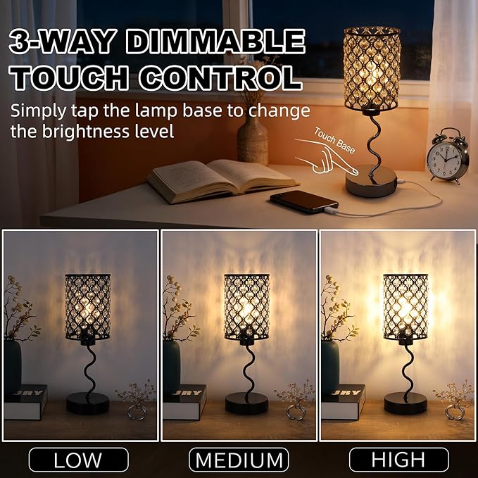 Crystal Table Lamp with 3 Way Dimmable Touch Control, Nightstand with USB A+C Ports, Modern Bedside Touch Lamp for Bedroom, Living Room, Office Reading, Black