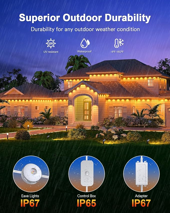Lumary Permanent Outdoor Lights Max 158ft with 120 LED Eave Lights RGBAICW 7200lm, IP67 Waterproof, IC Control and Scene Modes for Halloween Christmas Decoration, Works with Alexa and Google Assistant