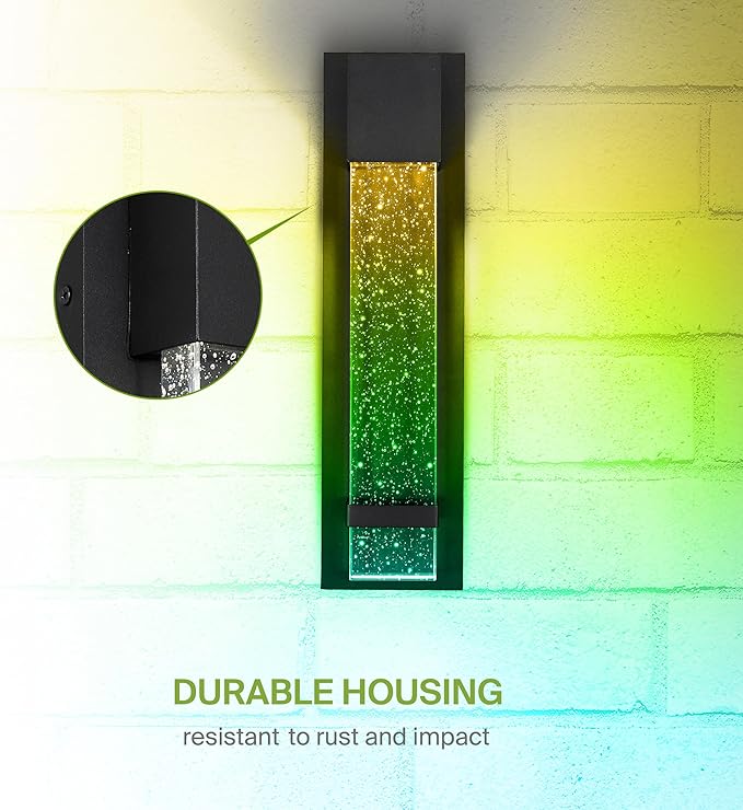 ASD LED 18 Inch Bubble Glass Wall Light Fixture | 9W 250LM RGB-3000K-5000K 100-277V | Multicolor, Waterproof, ETL Listed | Exterior Flush Mount Sconce, Outdoor-Indoor Lighting | Black, 2 Pack