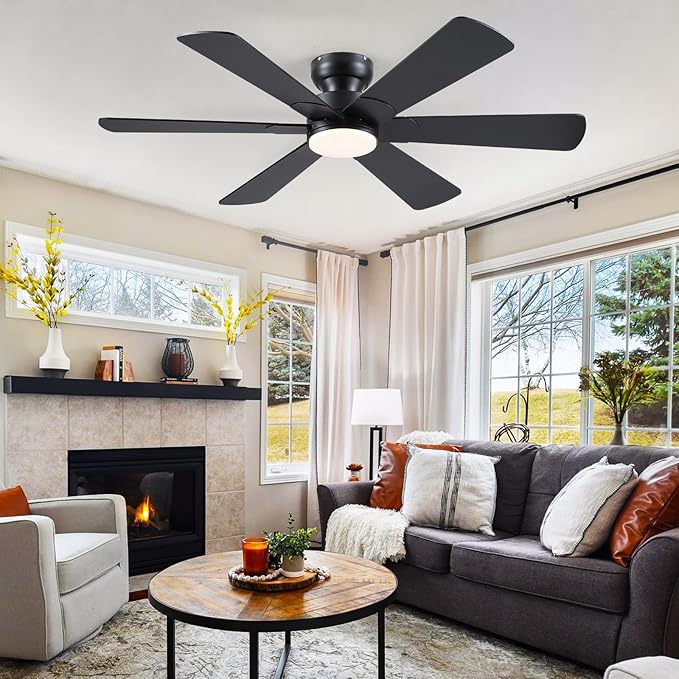 BayDay 52 inch Ceiling Fans with Lights, Black Ceiling Fan with Remote APP, Dual-Sided Modern/Rustic 6 Blades, Reversible, 3CCT, Flush Mount Low Profile Ceiling Fan with Lights Bedroom Kitchen Indoor