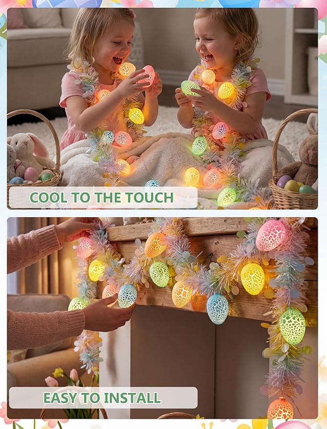8.5Ft Easter Garland with Lights, Plug in Easter Egg String Lights & Pastel Tinsel Set (White Wire), Connectable Waterproof Indoor Outdoor Decor for Home Mantle Bedroom Party