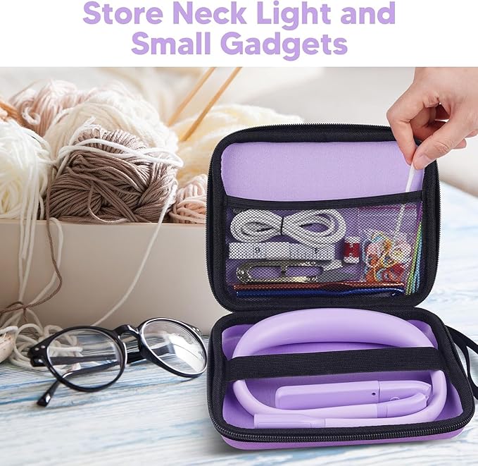 Mothers Day Gifts for Mom Wife: Purple Neck Light with Storage Case for Book Lovers Knitters Crafters, 10-80Hrs Eye-friendly Rechargeable Book Reading Lamp Knitting Crochet Craft Light Sewing Supplies