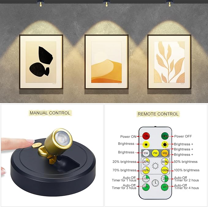 Rechargeable Wireless Battery Spotlight Indoor for Plant Trees at Home Remote Control with 3 Colors Lighitng Mini Dimmable Uplight Led Accent Wall Spot for Pictue Painting Light with Timer-off