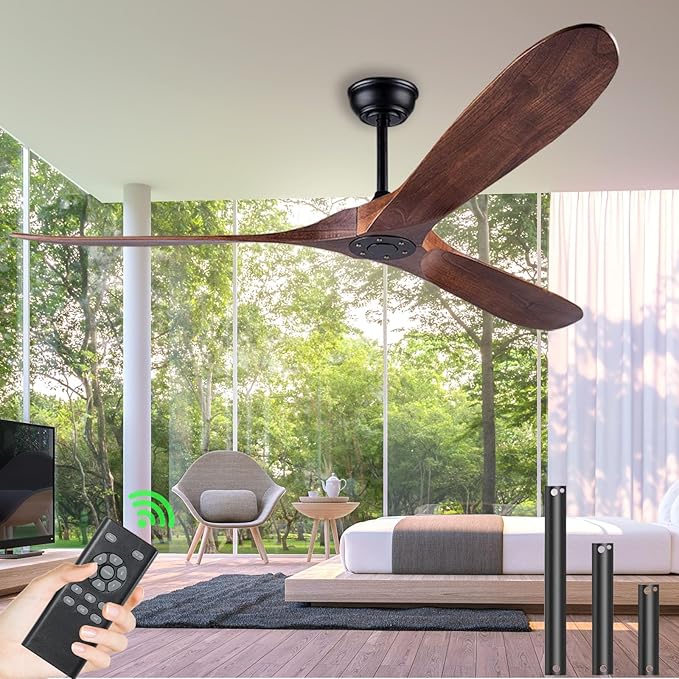 72" Quiet 3 Blade Walnut Ceiling Fan - No Light & Remote Control, Perfect for Farmhouse Patios & Backyards