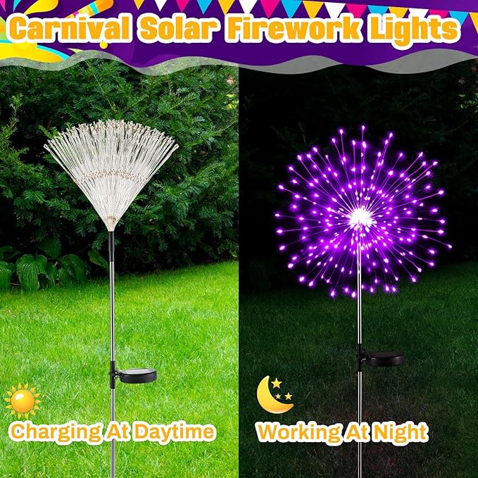 3 Pcs Mardi Gras Solar Firework Lights Solar Lights Outdoor Garden 120 LED 8 Modes Waterproof LED Sparkler Outdoor for Carnival Patio Yard Pathway Walkway (Purple,Yellow,Green)