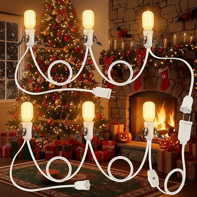 Leelosp 2 Pcs Christmas Village Lights, 3 Base C7 String Bulbs Christmas Village Light Cord with ON/Off Switch Spare Fuse, 9.8ft Blow Mold Light Kit for Xmas Mini House, Ceramic Crafts Decor