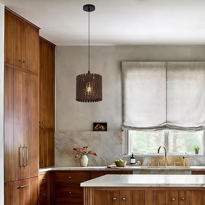 Farmhouse Rustic Wood Drum Pendant Light, 1-Light Rural Ceiling Hanging Lamp Lighting Fixture with 7" Lampshade, Boho Chandelier for Kitchen Island Hallway Dining Room Dark Brown