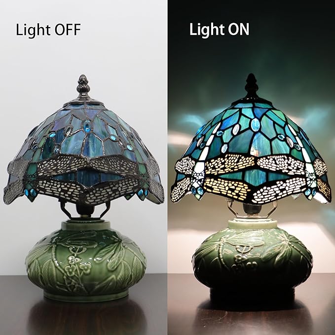Small Stained Glas Lamp Mushroom Table Lamp, Mini Stained Glass Desk Light Memory Sympathy Ceramic lamp 8X11 Inch (Sea Blue Dragonfly Style)