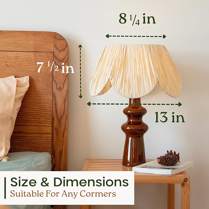 Raffia Lamp Shade for Table Lamps, Scalloped Wicker Small Lampshade for Living Room, Bedroom, or Desk Lamp, Boho Spider Pleated Lamp Shade (8.3”T x 13”B x 7.5”H) (Base & Bulb NOT included)