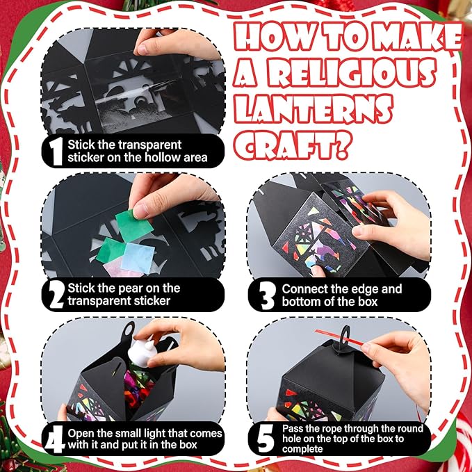 12 Sets Christmas Nativity Lanterns Crafts with LED Candles Lights Christmas Tissue Paper Crafts Kits DIY Birth of Jesus Religious Lanterns for Xmas Party Decor Classroom Activities