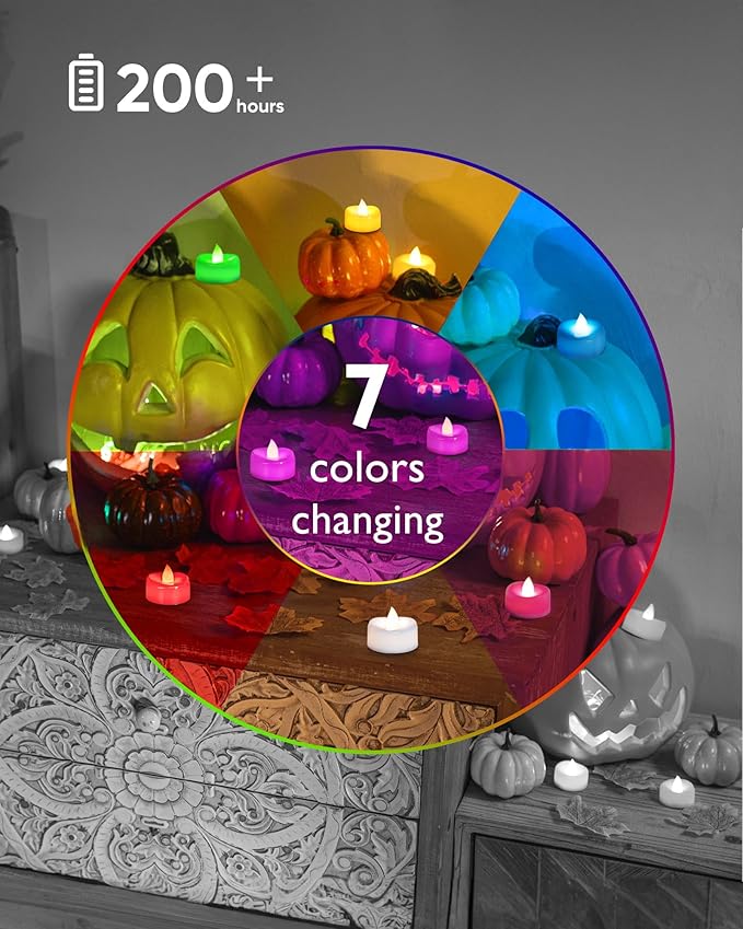 LED Candles, 24-Pack Color Changing Tea Lights Candles Battery Operated Bulk, Long-Lasting 200+ Hours Flameless Tealight Candles for Halloween Christmas Holiday Decor, 1.5'' D X 1.25'' H
