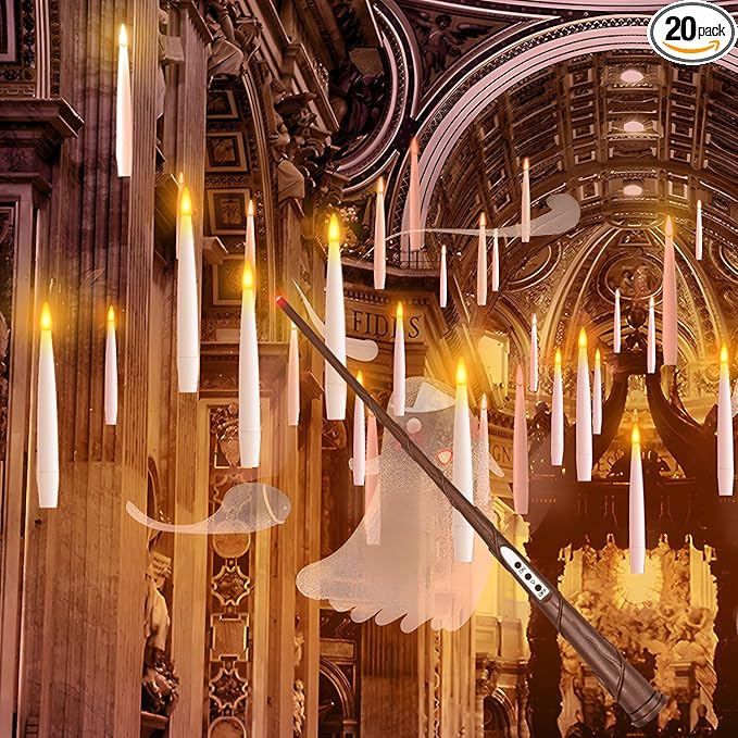 Floating Candles, 20PCs Floating Candle with Wand, Magic Hanging Candles Flickering Warm Light Flameless Floating LED Candle, Battery Operated Taper Candle Set for Birthday Theme Party, Gift for Kids