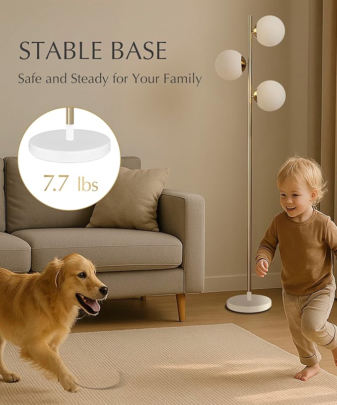 HarvestLand SphereRise Brass Floor Lamp – Globe Floor lamp with Solid Base and 3 Light Glass Floor lamp, mid Century Modern Design